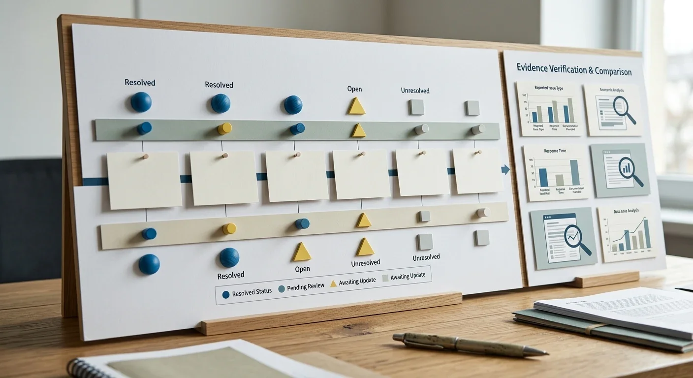 Complaint timeline grouped by open, resolved and unresolved status