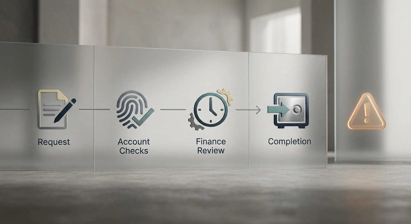 Withdrawal timeline from request and account checks to finance review and payment completion