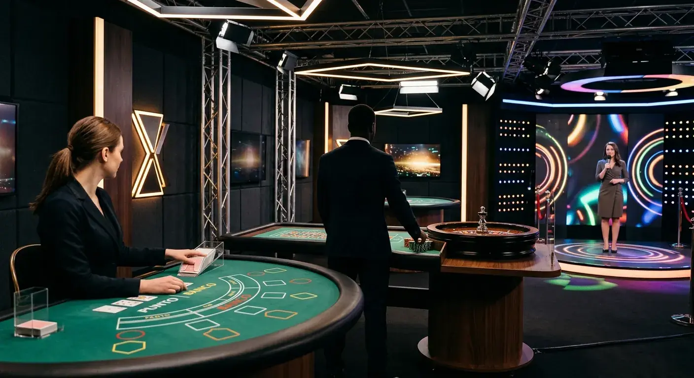 Live casino table scene with roulette, blackjack cards and studio lighting