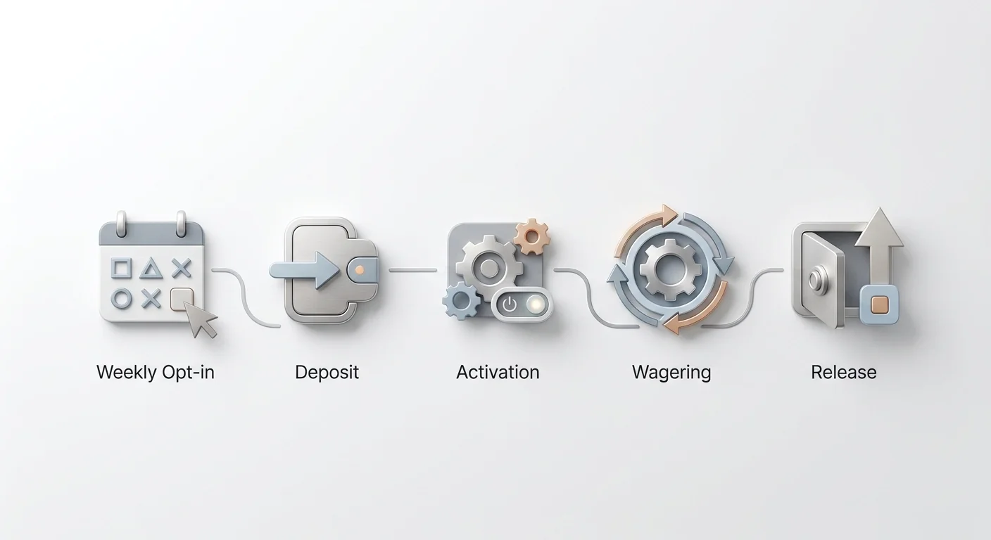 Weekend Reload steps from opt-in and deposit through activation, wagering and release