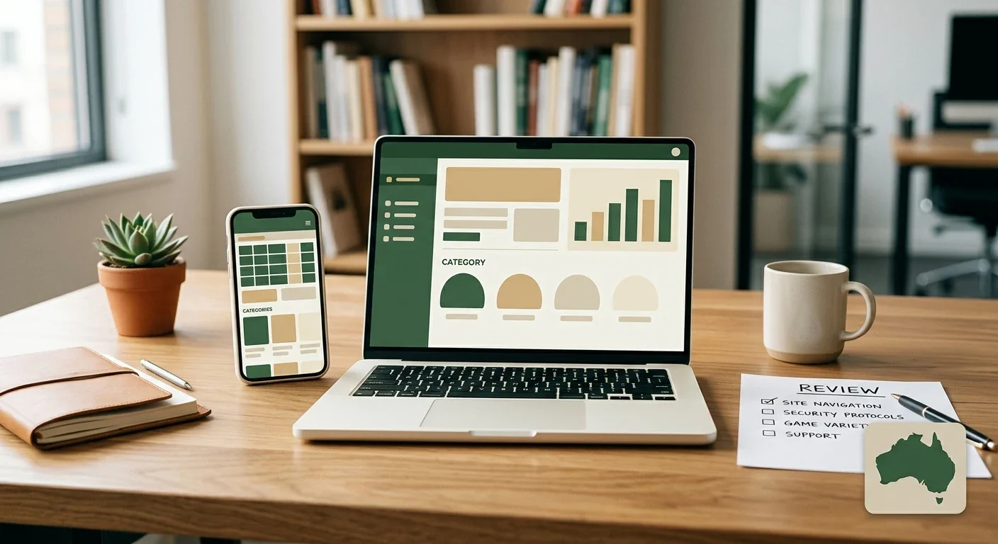 Laptop and smartphone beside Australian casino, payment and safety checklist icons