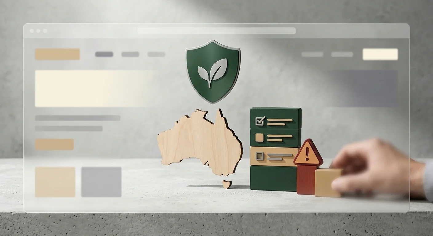 Australian map with consumer-protection checklist and shield symbols